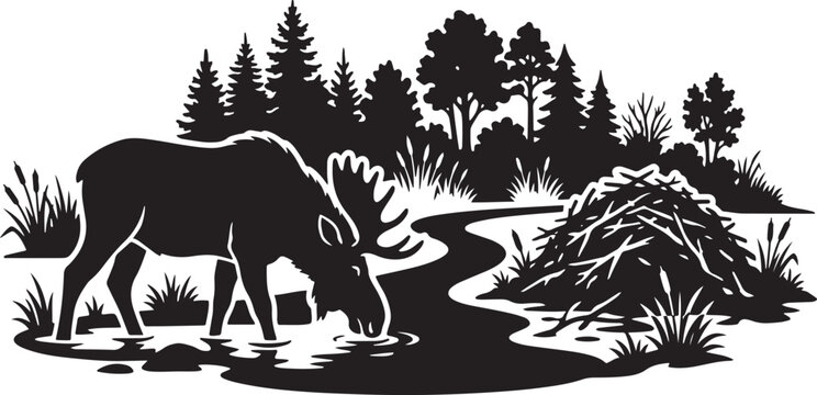 Moose drinking from a serene forest stream surrounded by trees and grass