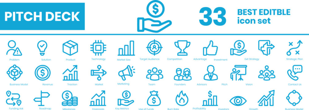 Business and office 33 icon set in flat dual tone blue design. Contains icon symbol of briefcase, chart,finance, presentation board,target, folder, Pitch deck 33 icon set for business presentations
