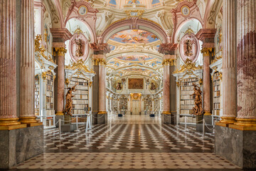 Admont Abbey Library baroque hall with historic bookshelves © petertakacs