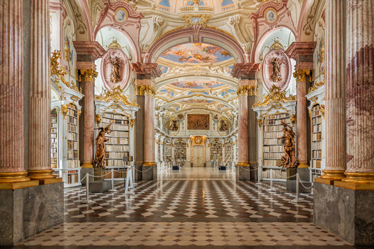 Admont Abbey Library baroque hall with historic bookshelves