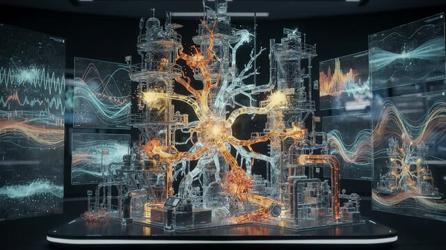 Medium shot focused on digital twin interface showing organic units in upset conditions highlighting alerts and fluctuating data patterns on the 3D model screens