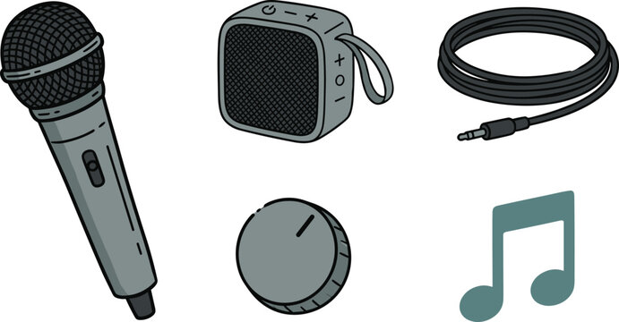Audio Equipment Set Featuring Dynamic Microphone Portable Bluetooth Speaker Aux Cable Control Knob And Music Note Icon For Sound Design Illustration