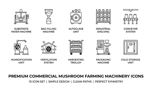 Industrial mushroom farming machinery and production equipment icons with mushroom machinery industrial production equipment substrate autoclave conveyor shelving agriculture cultivation
