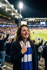 Fototapeta premium Female sports fan smiling with emotion at stadium during night match