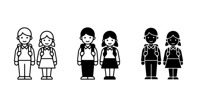 Children Icons Set: Boy and Girl School Backpacks, Outline, Solid, Silhouette Styles, Education Graphics