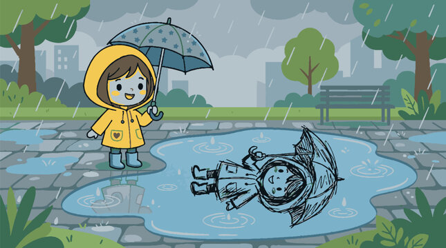 Cartoon illustration of a little girl in a yellow raincoat looking at her reflection in a puddle.