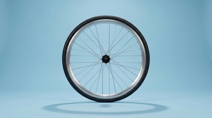 Fototapeta premium Bicycle wheel standing upright on blue studio background