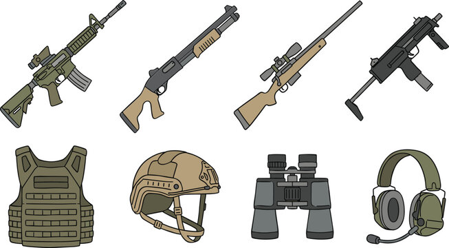 Tactical Gear And Weaponry Element Set Featuring Assault Rifle Shotgun Sniper Rifle Submachine Gun Body Armor Helmet Binoculars And Headset Vector Illustration