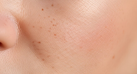 Fototapeta premium Close-up of a person's face with freckles on their cheek and nose