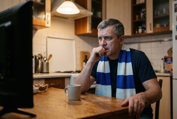 Fototapeta premium Football fan watching match anxiously at kitchen table