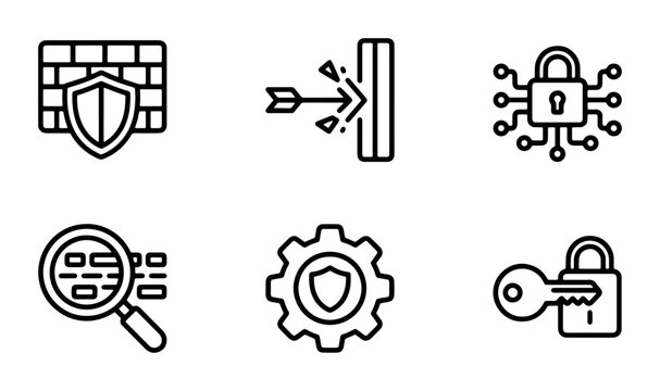 Cybersecurity Icons Set: Firewall, Data Protection, Network Security, Digital Lock, Key Access, Threat Detection, Vector Graphics for Online Safety and IT Solutions