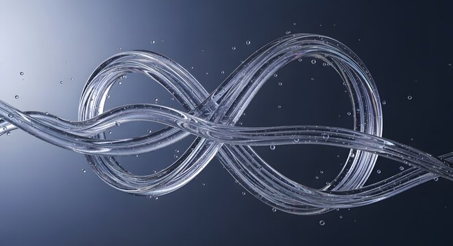 Abstract flowing liquid tubes forming infinity symbol with tiny bubbles symbolizing endless flow continuous process