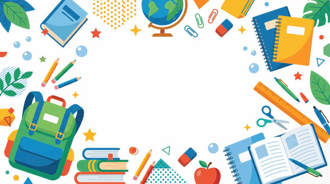 Colorful school supplies and backpack arranged in a frame with a globe and books for education and learning concept