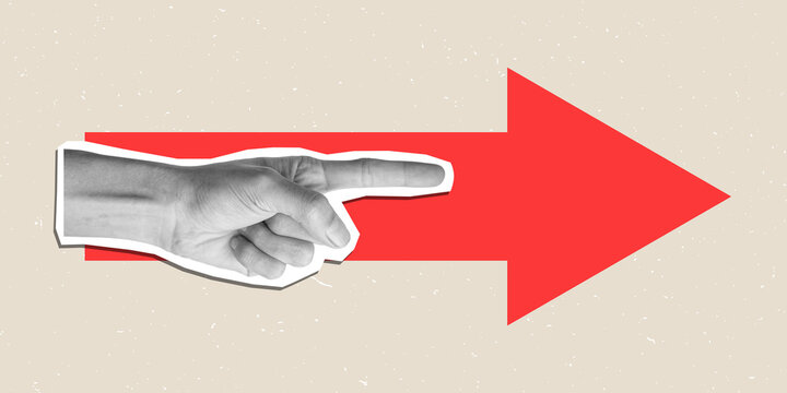 Retro collage of pointing hand with red arrow, symbolizing direction, guidance, decision making, progress, and business strategy.