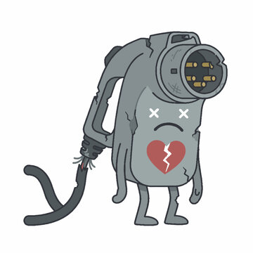 Cartoon illustration of a broken electric vehicle charger character with a severed cable and sad face.
