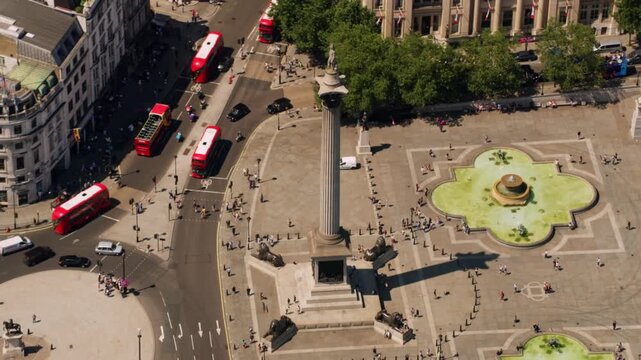 High angle view of Trafalgar Square with Nelson's Column, fountains, traffic, and pedestrians