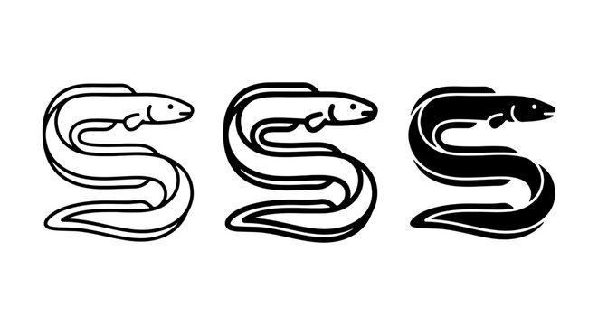 Elegant Eel Icons Set, Simple Marine Life Vector Graphics, Black and White Aquatic Creature Illustrations