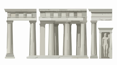 Fototapeta premium Realistic Ancient Greek Temple Columns and Marble Pillars Classical Architectural Vector Set Isolated on White Background