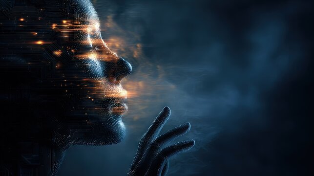 Profile of face dissolving into warm orange particles.