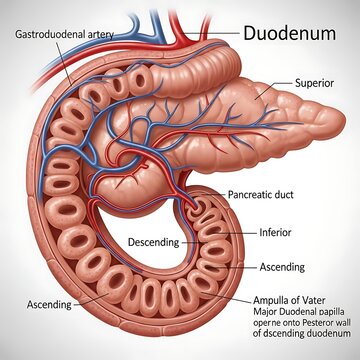 Anatomical diagram of human duodenum and pancreas.
