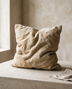 Soft pillow sculpted from stone texture on neutral minimalist floor .generative AI