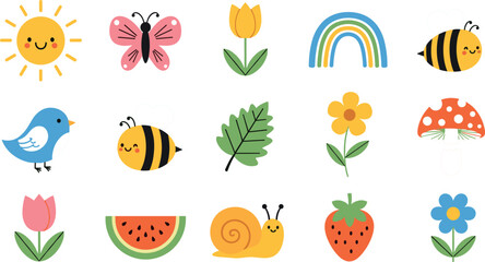Cute Cartoon Spring and Summer Nature Icon Set Featuring Happy Sun Butterflies Flowers Bees Birds Rainbows and Garden Elements VectorCute Cartoon Spring and Summer Nature Icon Set Featuring Happy Sun  © Bijoy