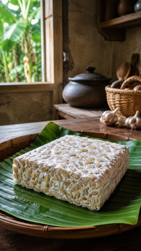 Raw tempeh block on banana leaf beside teapot in rustic wooden interior .generative AI