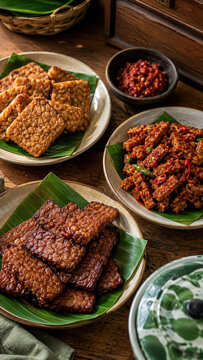 Assorted tempeh dishes on banana leaves with spices and side plates .generative AI