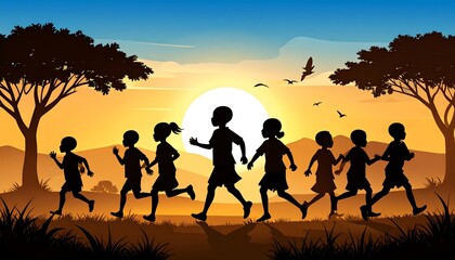 Fototapeta premium A group of silhouetted children running in unison across a vibrant savannah landscape at sunset