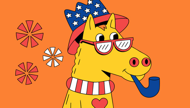 Fun, cartoon horse, patriotic hat, colorful illustration, vector graphics