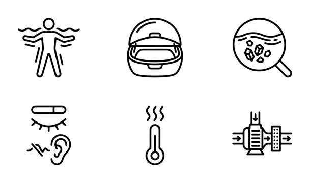 Wellness Float Therapy Icons, Sensory Deprivation Pod, Skin Health Magnification, Relaxation, Thermometer, Water Pump Vector Set