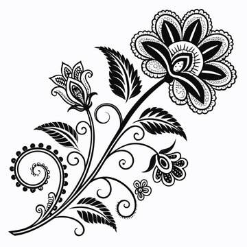 Intricate black and white floral pattern with paisley design elements ornamental botanical decoration illustration
