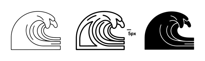 Ocean Wave Icons, Set of 3, Line Art and Silhouette Styles, Dynamic Water Motion Graphics for Surfing, Beach, and Maritime Themes © Jharna