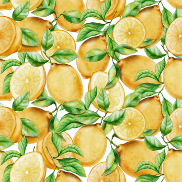 Watercolor Hand Drawn Lemon Pattern. Seamless Backdrop for Home Decor or Fashion Design. Citrus Fruits with Leaves. Transparent.