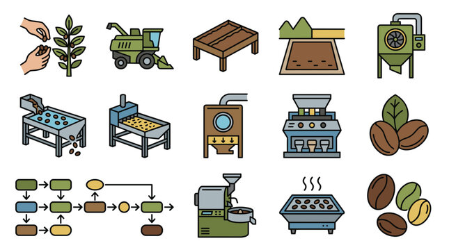 Coffee Production Process Icons Set Vector Illustration.