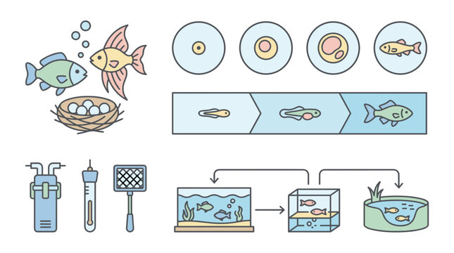 Fish life cycle and aquarium setup illustration.