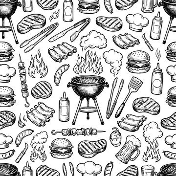 BBQ Party Seamless Doodle Pattern Vector