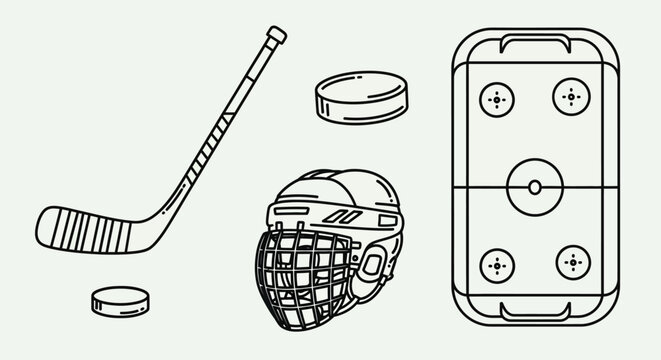Hockey stick puck and goalie mask.