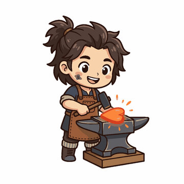 Cute cartoon blacksmith boy forging a glowing red heart on an anvil illustration.