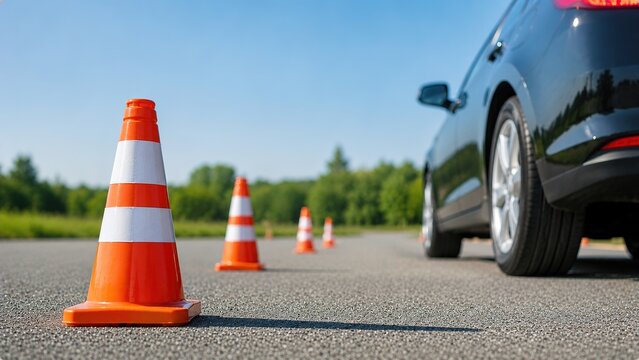 Close-up of traffic cones positioned on a driving course with a car navigating through the lane. Driver training, road safety, vehicle control, driving test preparation, transportation education.