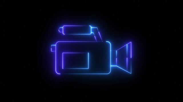 Glowing neon video-camera icon isolated on black background. HD Video motion graphic animation. Glowing neon line video camera icon animation.