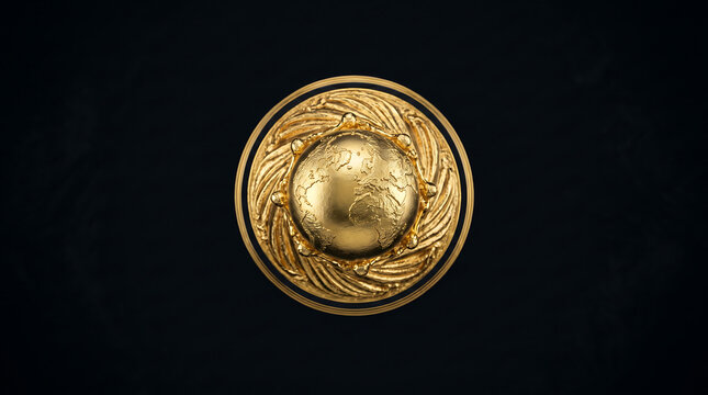 Golden globe sculpture shining against dark black background artistic representation of earth planet map detailed texture luxury interior decorative design piece.
