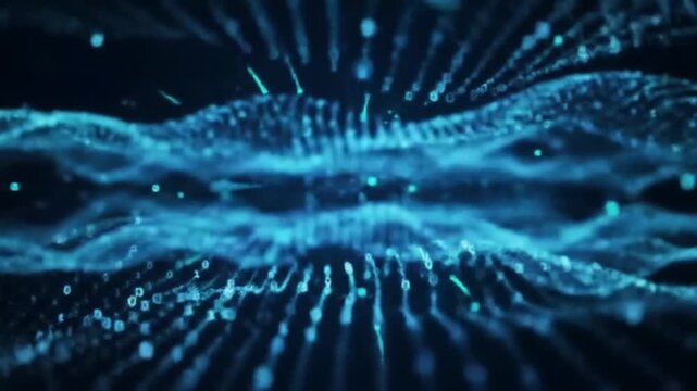 Abstract digital background featuring flowing blue binary code data waves in a dark cyberspace.