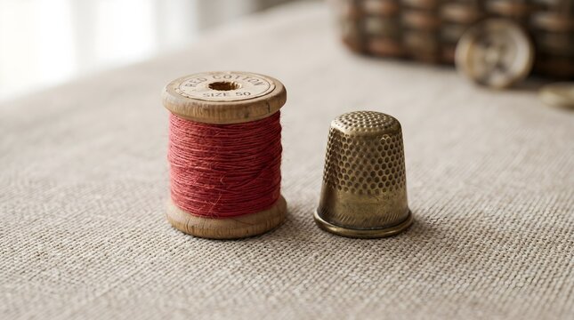 Vintage wooden spool with red cotton thread and brass thimble on linen fabric