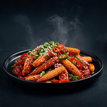 Stir-fried baby corn with spicy sauce and herbs served on black plate babycorn vegetable vegetarian flavorful background restaurant culinary appetizer