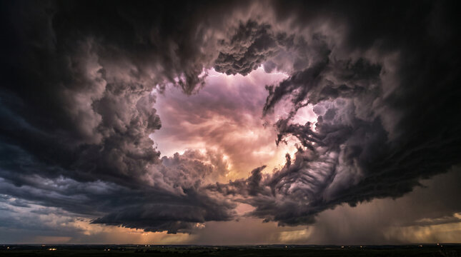 Dramatic supercell thunderstorm with a rotating wall cloud and lightning illuminating the center of the storm at dusk