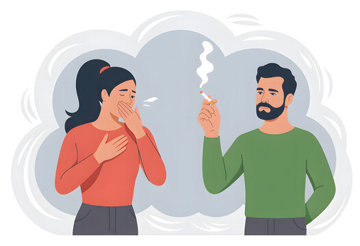 Flat illustration of a man smoking a cigarette and a woman coughing from passive smoke. Concept of secondhand smoking, bad habits, and air pollution.