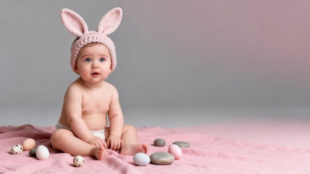 Baby wearing bunny ears sitting on pink cloth