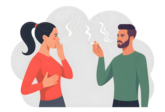 Flat illustration of a man smoking a cigarette and a woman coughing from passive smoke. Concept of secondhand smoking, bad habits, and air pollution.