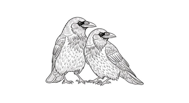 Two detailed black and white crows standing side by side isolated on a transparent background